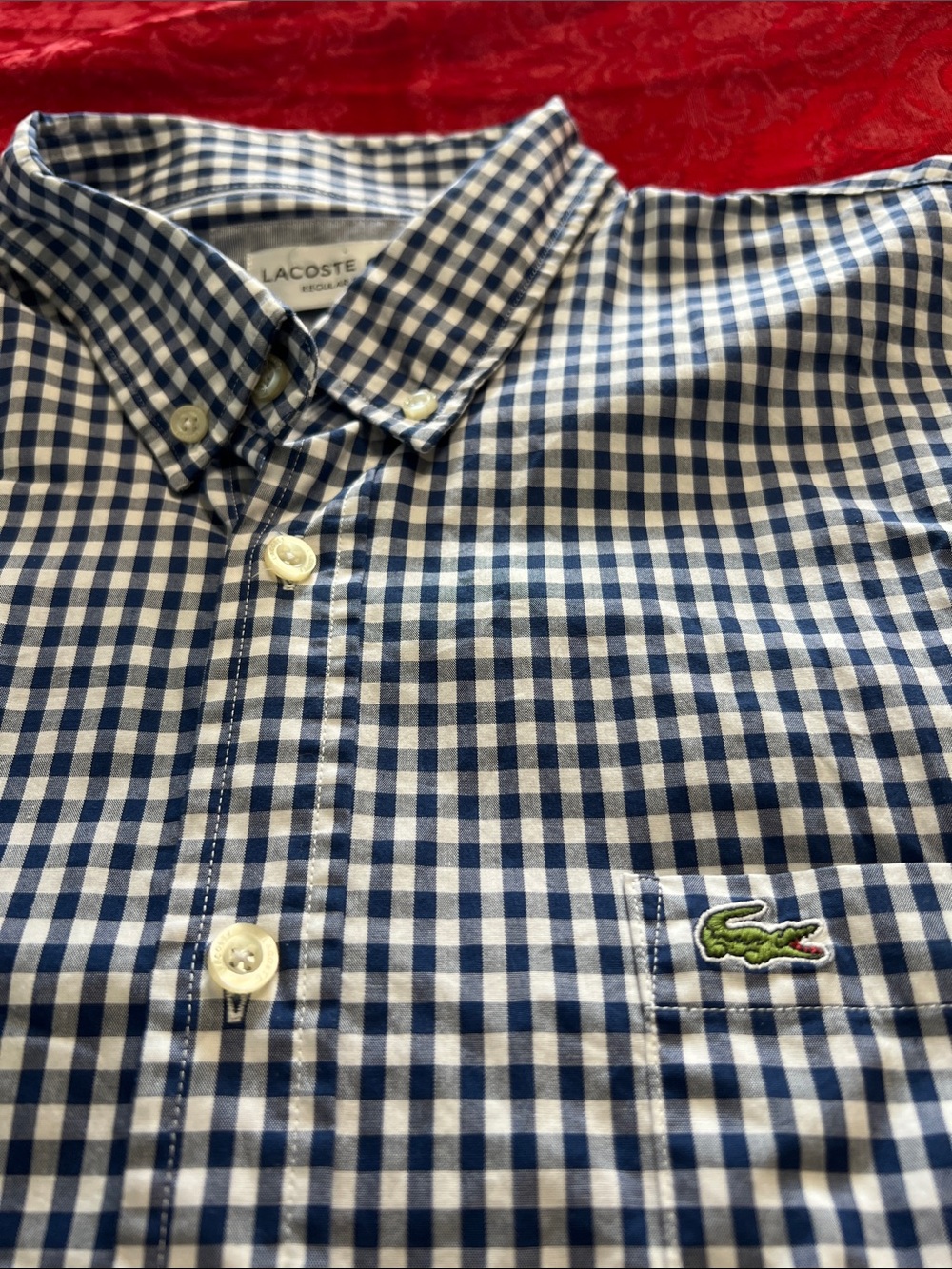 Lacoste Regular Fit Men’s XL Blue White Gingham Check Cotton Button Down Shirt